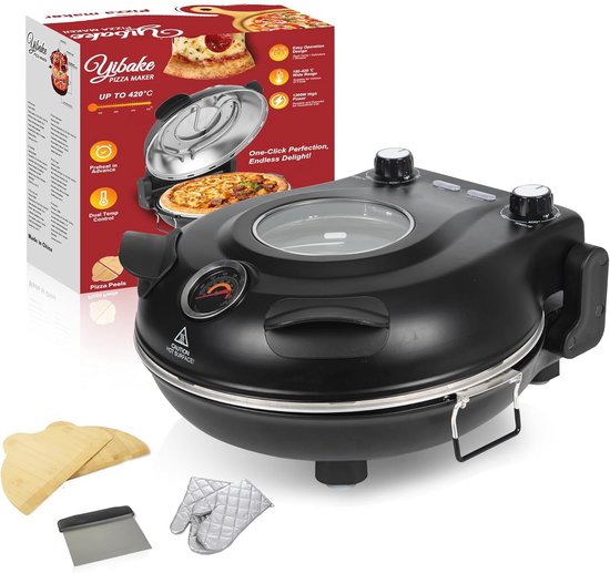 Pizzaoven Elektrisch - Maak binnen 4 minuten een Pizza met Vuurvaste Steen, 1200W, 5 Standen, Max Temperatuur 420°C