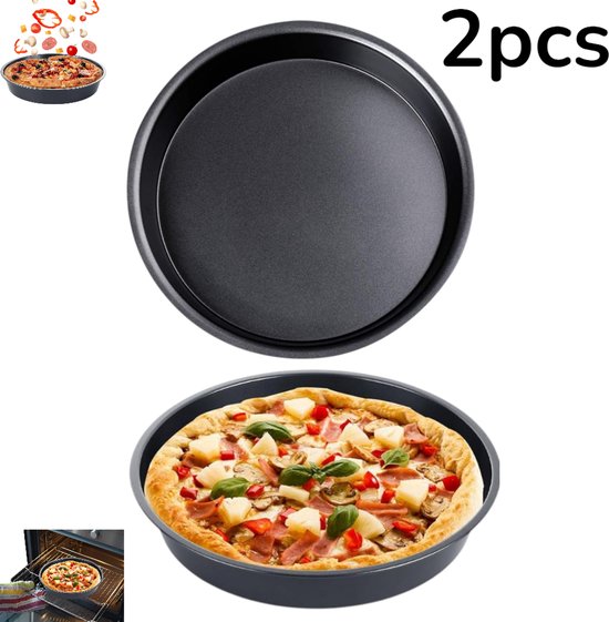 2 stuks - pizzaplaat rond - 7-inch pizzapan - Ronde pizzapan - Zwart - Pizzapan - Anti-aanbak pizzabakplaat - Pizzapan bakgerei - Om te serveren en te bakken - Geschikt voor de oven