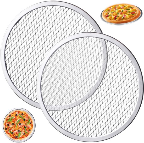 2 stuks Pizzarooster - Geperforeerde pizzapan - Pizzagrill - Aluminium pizzabakrooster - Pizzavorm - Ronde pizzapan - Geschikt voor verse en diepvriespizza, bakken van brood of taart in of buiten de oven - 20 cm, zilver