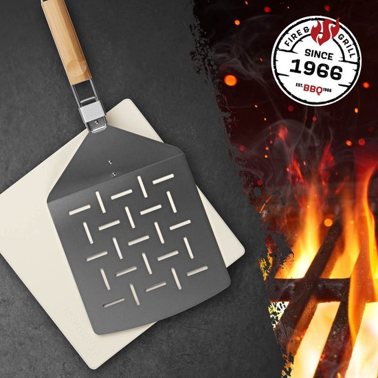 Landmann Pizzaschep Pizzasteen Set met opvouwbare Bamboe | RVS spatel 1,2 x 32 x 32 cm - Broodbaksteen - BBQ pizzasteen - Knapperige pizza's - BBQ Accessoires