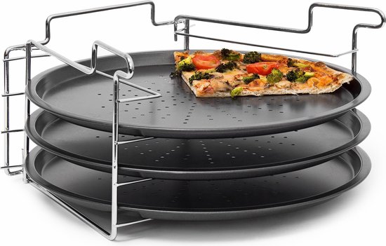 3 pizzaplaten met pizzarek, pizza bakplaat rond 33 cm, pizzaplaat 3stuk