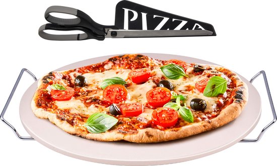 Pizzasteen BBQ/oven rond keramiek 33 cm met handvaten - Met zwarte pizzaschaar 30cm - Barbecue