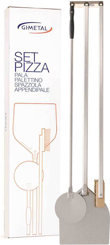 Gi.Metal Pizza Set 4 Delig - Pizzaschep, Draaischep, Ovenborstel, Muurbeugel