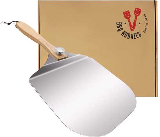 BBQBuddies Pizzaschep –Pizzaschep Voor De Barbecue - Inklapbaar & Roestvrij Staal – Met Houten Handvat en Ophanglus – Voor BBQ en Pizza Oven