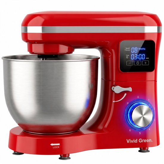 Vivid Green 2000W Keukenmixer - Timer & Automatische Stop - Geschikt voor Zwaar Deeg - 6,2L Mengkom - Keukenmachine - Keukenrobot - Rood