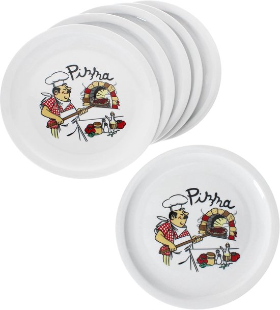 Set van 6 grote pizzaborden voor 6 personen - Ø 30,5 cm - Porselein met pizzabakkersmotief