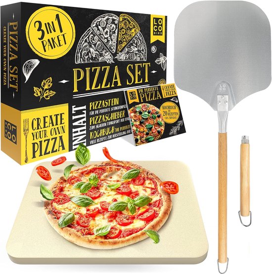 Thijox - Loco Bird Pizzasteen Set van 3 - Rechthoekige Cordieriet Pizzasteen voor Oven & Gasgrill - Inclusief Pizzasschuiver en Receptenboek voor Perf