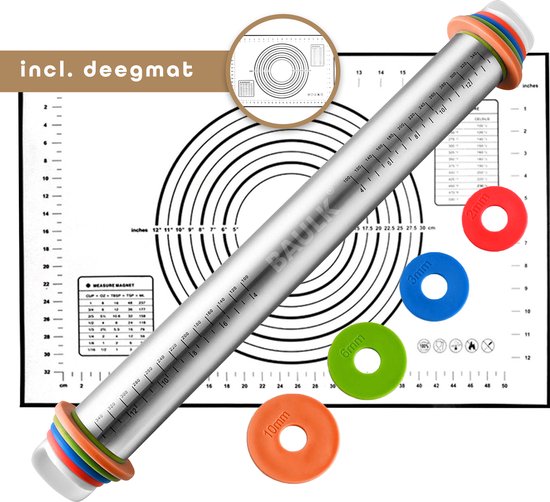 Baulk® - Deegroller - Bakmat - verstelbare deegroller - bakspullen - RVS - deegmat - antikleef