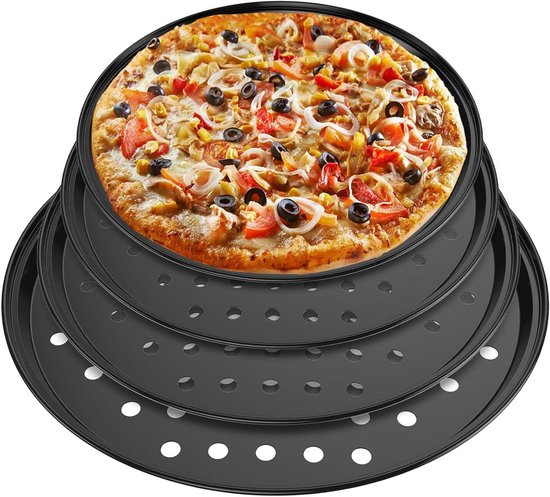 Pizza Platen - Bakplaat Set - Pizza Bakken - Geperforeerd Oppervlak - 3 of 4 Stuks - Zwart