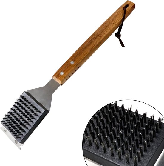 3-in-1 BBQ Reinigingsborstel met RVS Schraper, Messing Borstels en Lange Houten Handgreep voor Grill en Pizza Oven, Perfect voor Koken en Barbecueën