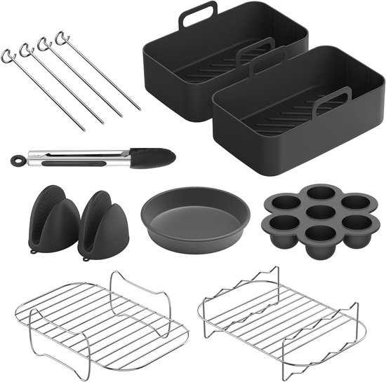 9-delige Accessoires voor Airfryer met Inzet, Pizzapan, Siliconen Ovenhandschoenen en Spieshouder, Geschikt voor 5 Inch Dubbele Airfryer