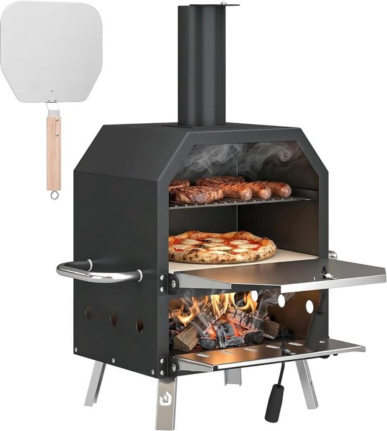 Outdoor Pizzaoven - Houtgestookte Oven - Buiten Koken - Tweelaags Kookgedeelte - 555 x 47 x 66 cm - Zwart