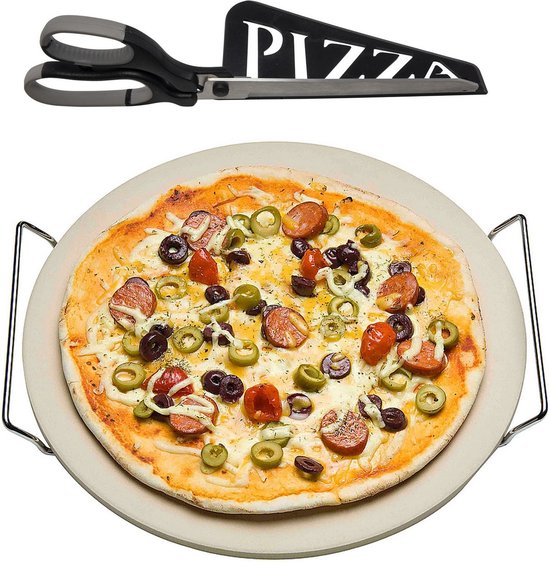 Keramische pizzasteen rond 33 cm met handvaten - Met zwarte pizzaschaar 30cm - BBQ/oven - Pizzaplaat/pizzaplaten