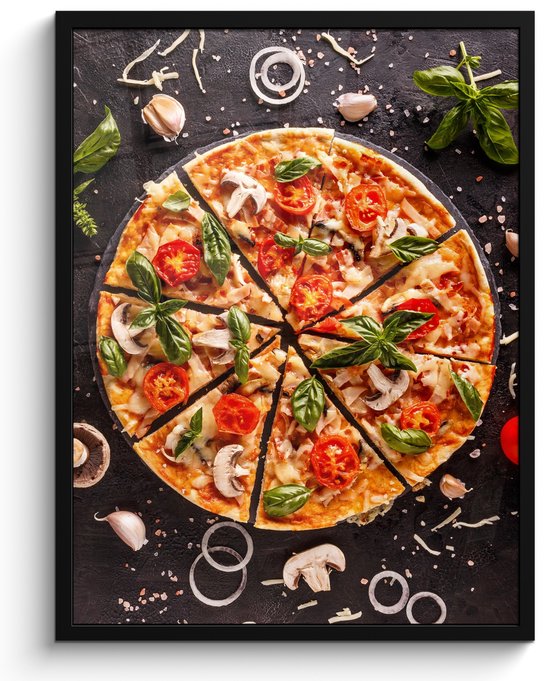 Poster in lijst - Fotolijst 60x80 cm - Posters - Pizza - Groente - Kruiden - Keuken - Industrieel - Posterlijst zwart - Decoratie - Wanddecoratie woonkamer - Muurdecoratie slaapkamer
