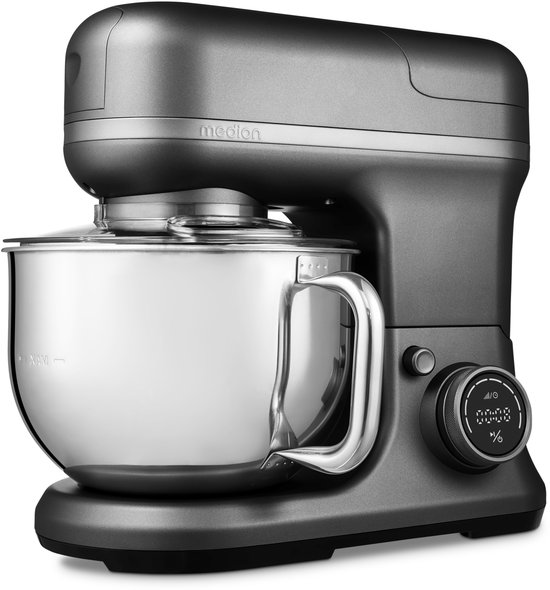 MEDION Keukenmachine met vleesmolen, blender 4-in-1, Titaan | IJskom voor ijsbereiding, 1200 W, raspen, snijden, kneden, deegmachine, MD18440