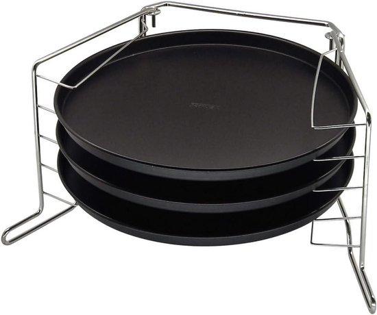 4-delige Pizzaset: 3 Anti-aanbak Pizza Pannen Ø 29 cm met Metalen Houder voor Knapperige Pizza's en Flammkuchen