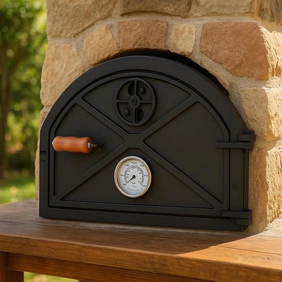 Houtgestookte Ovendeur - Buitenkeuken Deur - Pizza Oven - Met Ingebouwde Pyrometer - 59.4 x 38 cm - Zwart