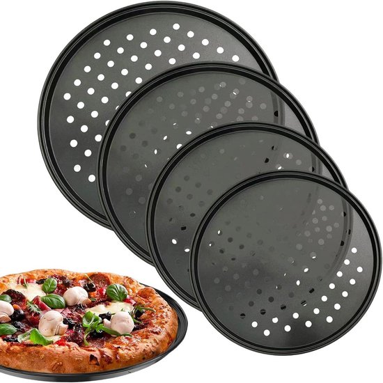 Pizzapan Set - Bakplaat Oven - Pizza Bakken - Antiaanbaklaag Geperforeerd - 4 stuks - Zwart