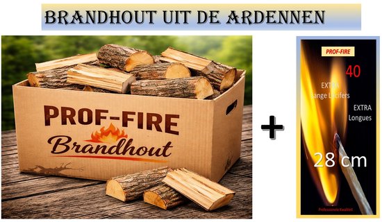 Prof-Fire | 10 Kg Klein Gekliefd Droog BrandHout (Ardennen) + Doos Lange Lucifers 28 cm - Haardhout - Stookhout in Doos (Mix van Eik, Beuk, Es... )- CO2 Neutraal - Open Haard - Vuurschaal - Kachel - BBQ - Pizza Oven - Hout Uit de Ardennen