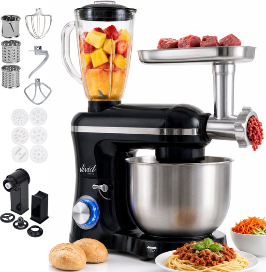 Vivid Green 2000W Keukenmixer - Vleesmolen, Blender & Pastamachine - Geschikt voor Zwaar Deeg - 6,2L Mengkom - Keukenmachine - Keukenrobot - Zwart