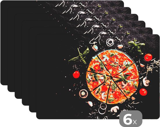 Placemat - Placemats kunststof - Pizza - Groente - Kruiden - Keuken - 45x30 cm - 6 stuks - Hittebestendig - Anti-Slip - Onderlegger - Afneembaar