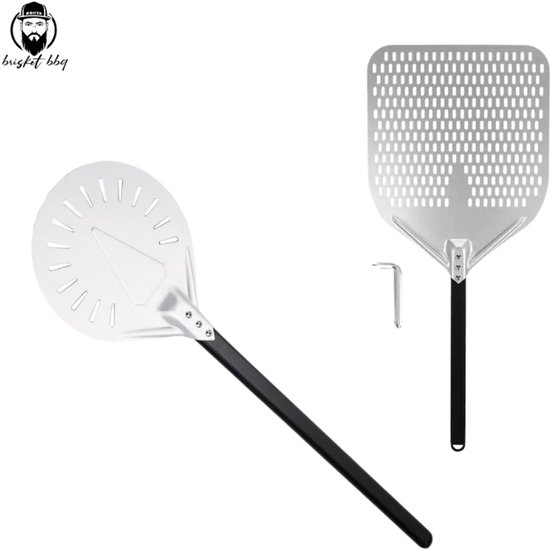 Brisket BBQ® pizzaschep - pizza schep - geperforeerde pizzaschep aluminium -Rond+Vierkant 2 stuks Complete set