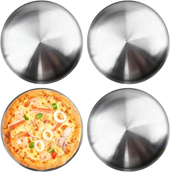 Dailygoods - Pizzaplaat set van 4: 30 cm roestvrij staal ronde pizzavorm, ronde pizzapannen voor oven, bakken, serveren, braden, metalen zilveren pizza bakplaat voor keuken, koffiegenot