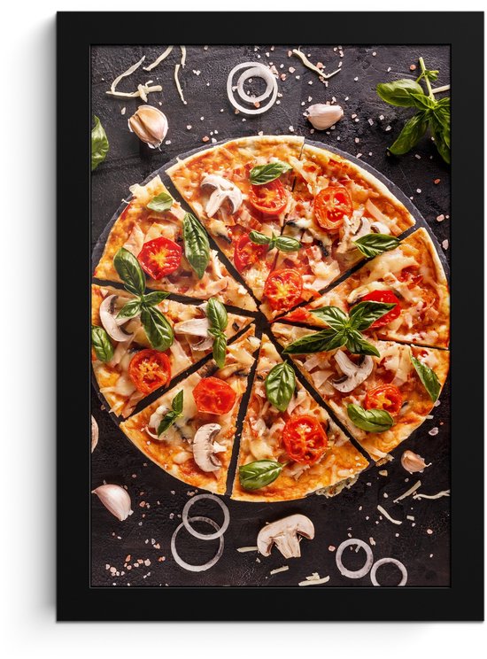 Poster in lijst - Fotolijst 20x30 cm - Posters - Pizza - Groente - Kruiden - Keuken - Industrieel - Posterlijst zwart - Decoratie - Wanddecoratie woonkamer - Muurdecoratie slaapkamer