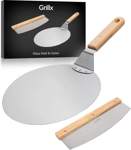 Grillx Pizzaschep met Pizzasnijder - 30cm - In Luxe Doos - Pizzaspatel voor BBQ & Oven - Kamado BBQ Accesoires Gereedschap