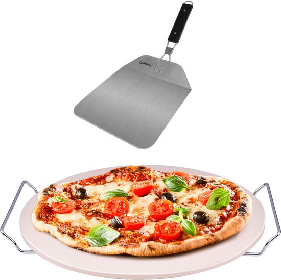 Pizzasteen BBQ/oven rond keramiek 33 cm met handvaten - Met inklapbare RVS pizzaschep 25 cm