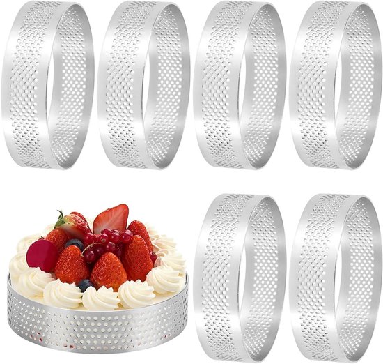 Set van 6 Taartvormen met een Diameter van 8 cm, Perforated RVS Mallen voor Mini Tarts, Pizza en Muffins