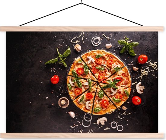 Posterhanger incl. Poster 60x40 cm - Schoolplaat - Pizza - Groente - Kruiden - Keuken - Industrieel - Textielposter - Blanke latten