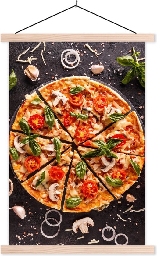 Posterhanger incl. Poster 60x90 cm - Schoolplaat - Pizza - Groente - Kruiden - Keuken - Industrieel - Textielposter - Blanke latten