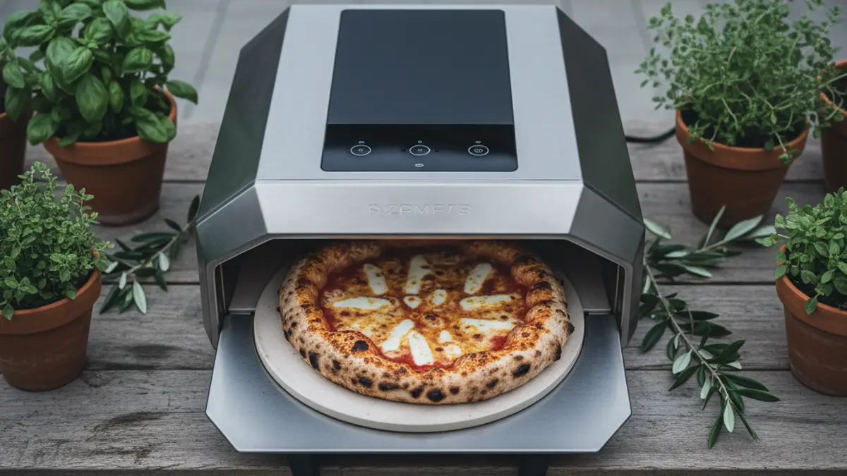 Elektrische pizzaoven op een houten aanrechtblad in de keuken