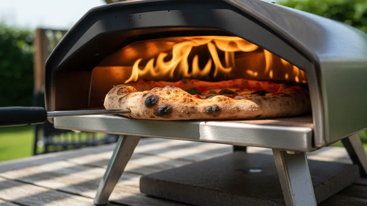 Hete pizza oven buiten met vlammen in de koepel