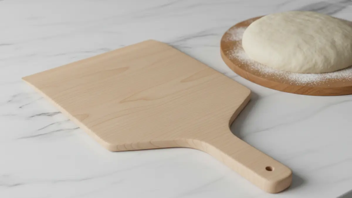 Houten pizzaschep van beukenhout op een houten werkblad
