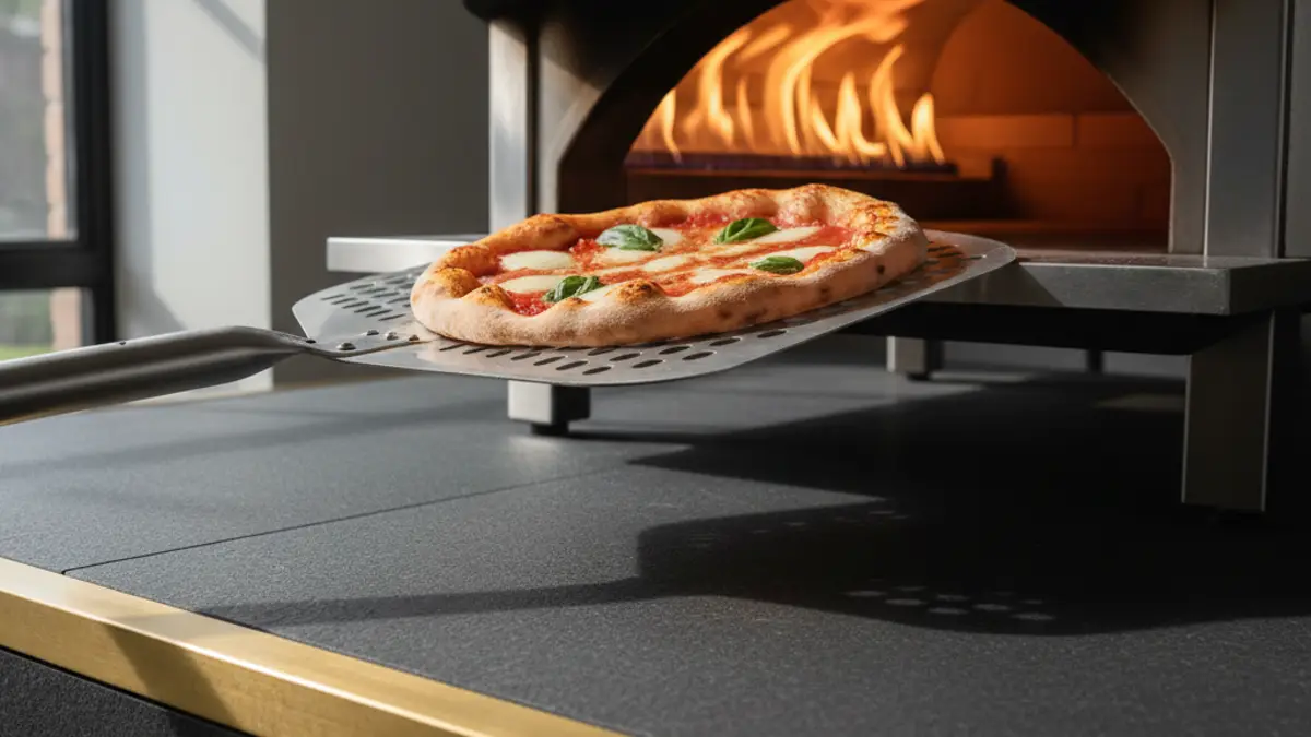 Geperforeerde aluminium pizzaschep schuift een pizza in de oven