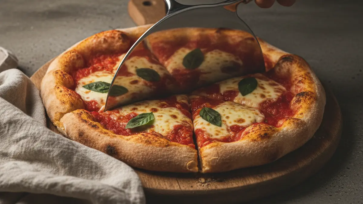Een roestvrijstalen mezzaluna wiegemes snijdt een pizza op een houten plank