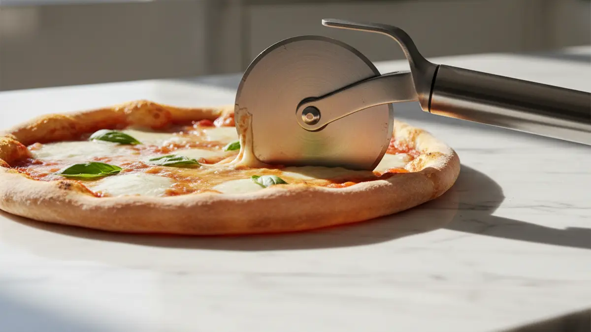 Een klassiek pizzasnijwiel snijdt een verse pizza in punten