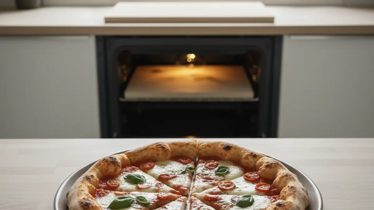 Cordieriet pizzasteen op een ovenrooster in een warme keukenoven