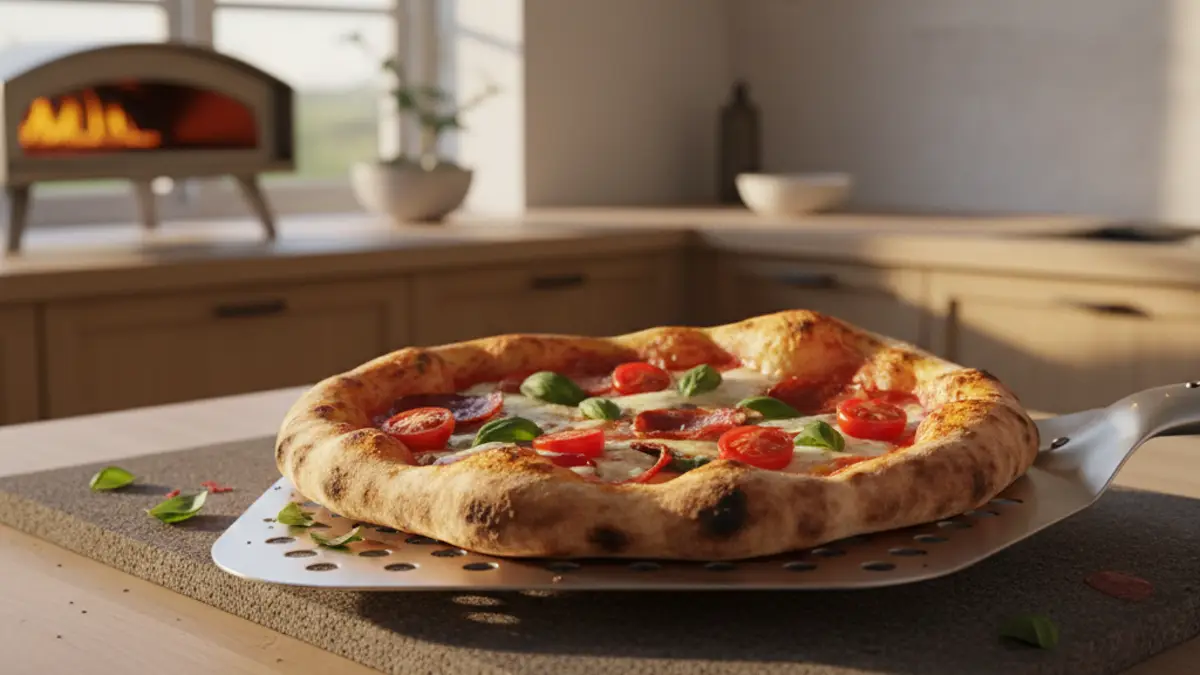 Rechthoekige pizzasteen met houten pizzaschep op een aanrecht