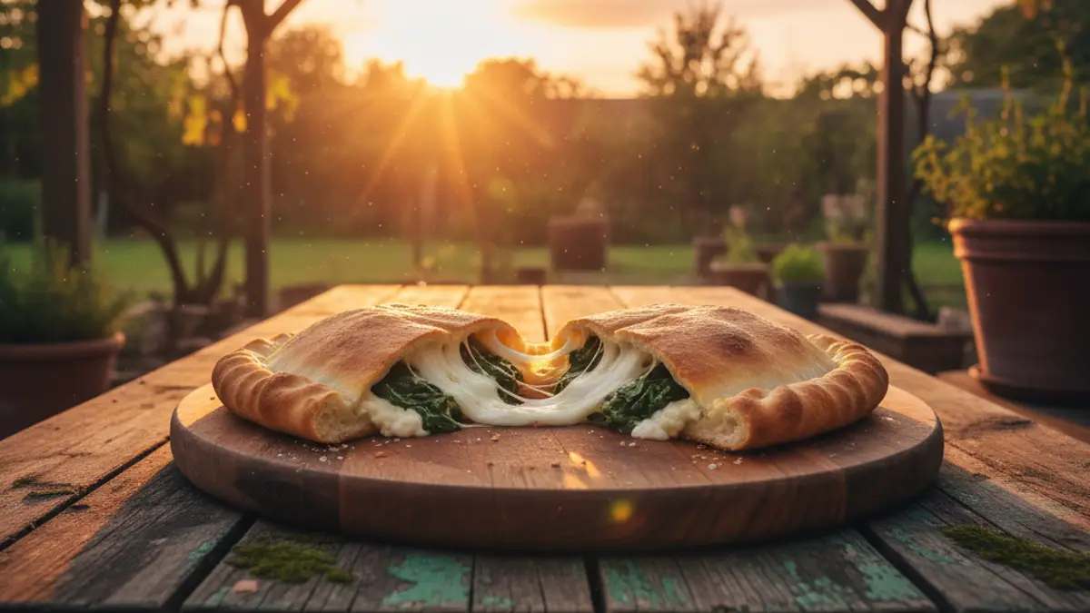 Doormidden gesneden calzone met warme vulling van spinazie en ricotta