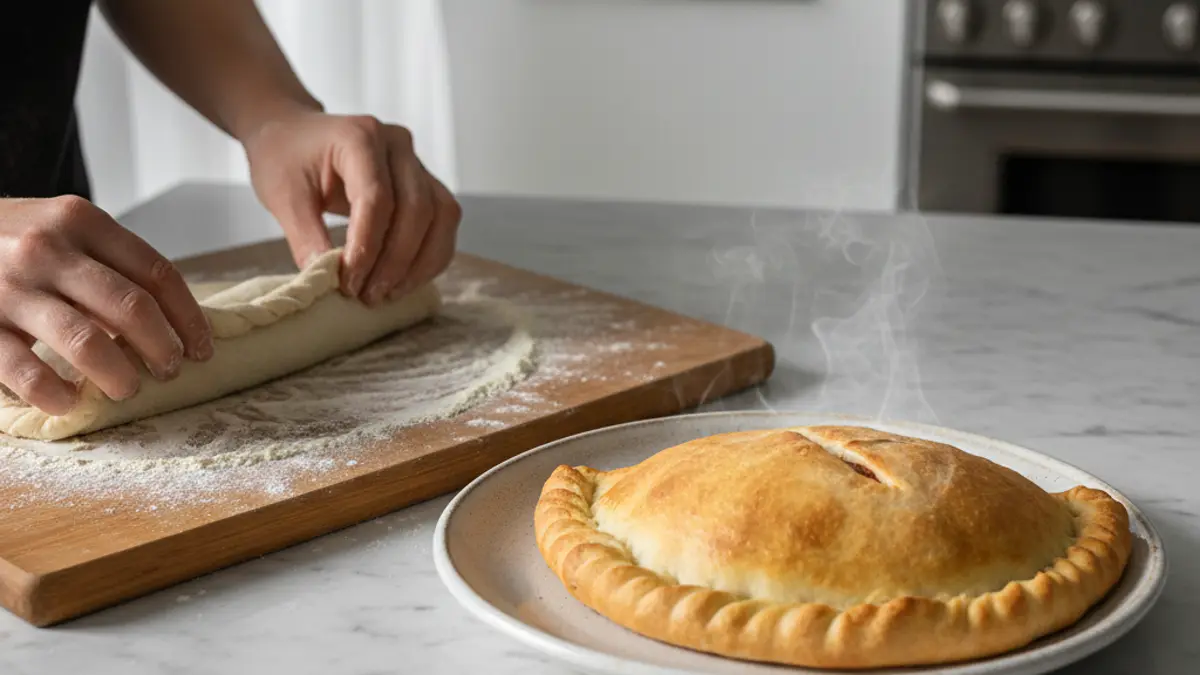 Het dichtvouwen van de deegrand van een calzone op een met bloem bestoven werkblad