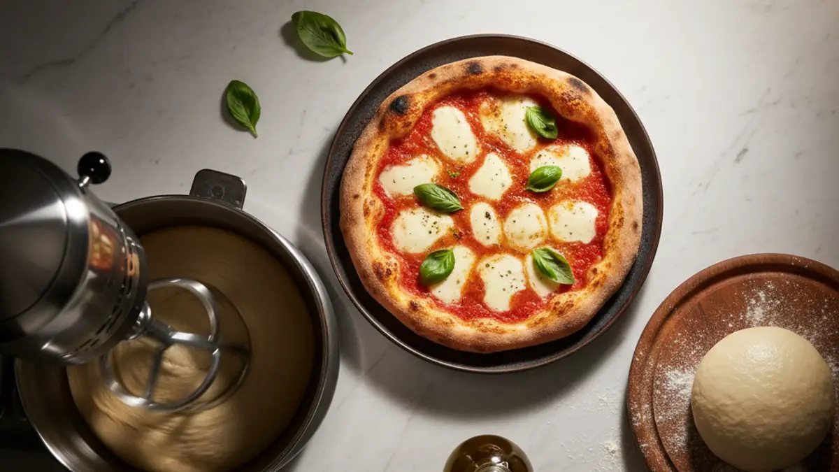 Spiraalkneder die soepel pizzadeeg kneedt in een roestvrijstalen kom