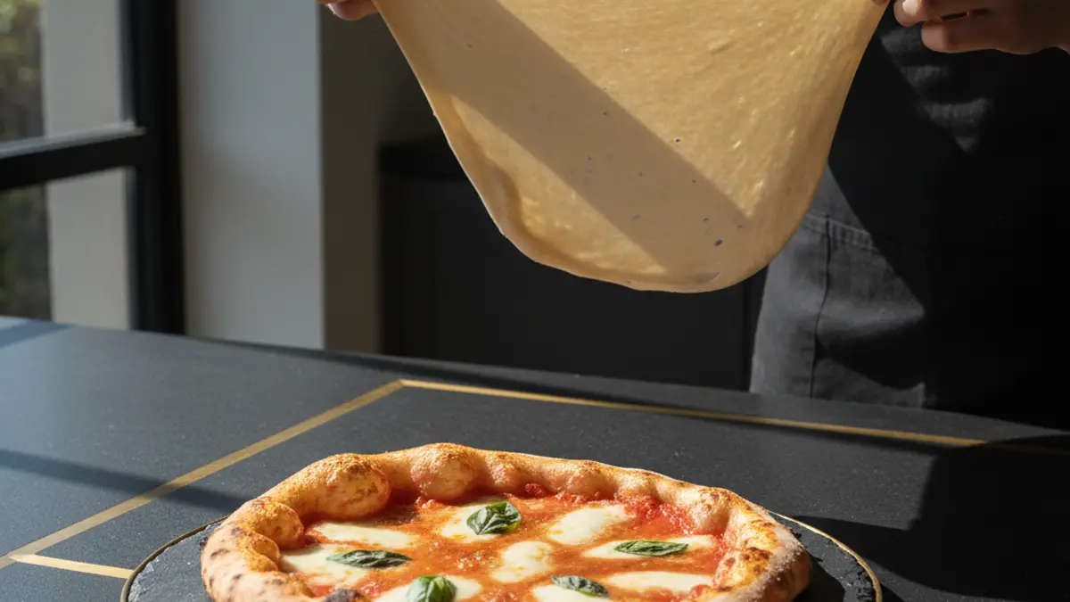 Vliesproef uitgevoerd met dun uitgetrokken elastisch pizzadeeg