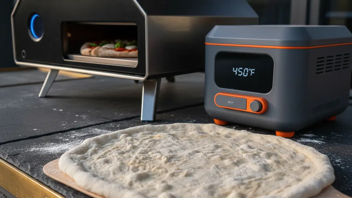 Drie verschillende compacte pizzaovens buiten op een werkbank