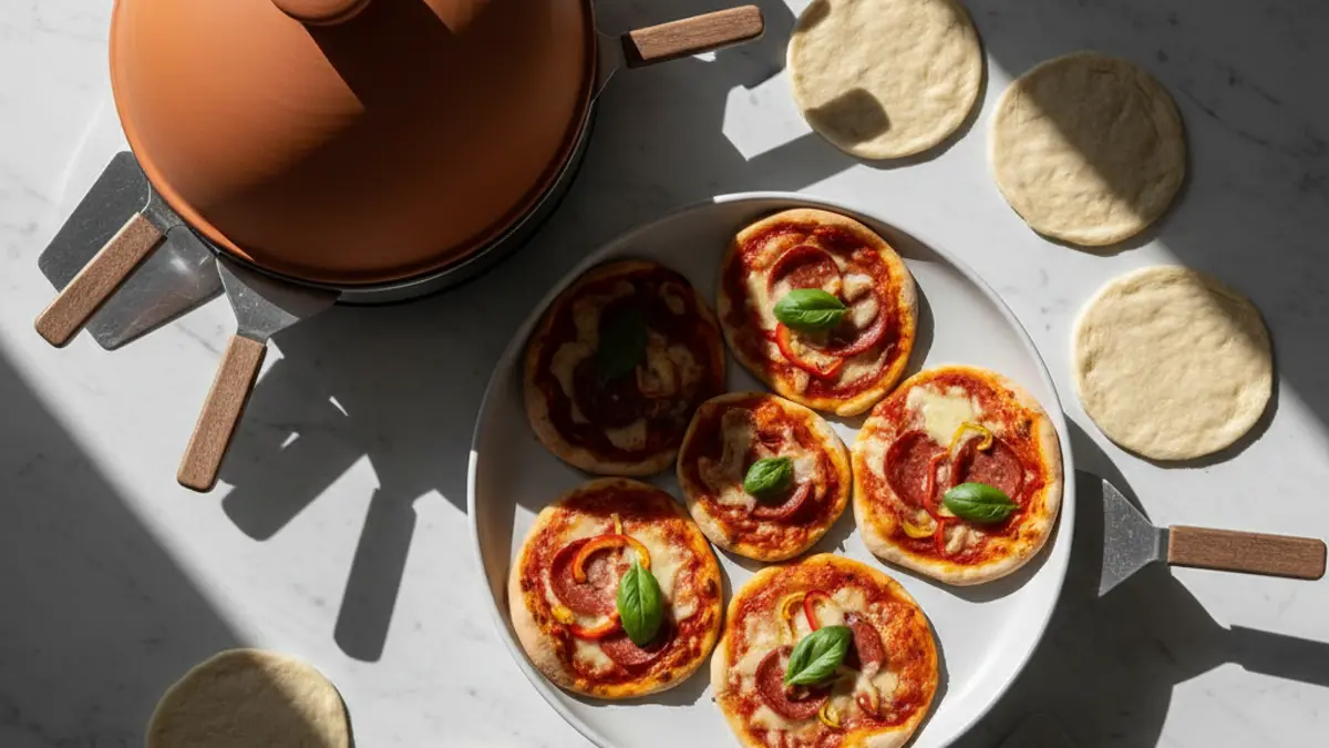 Traditionele Emerio tafeloven met terracotta koepel op een houten eettafel