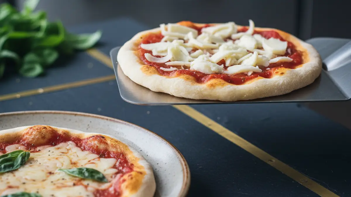 Minipizza op een roestvrijstalen bakschep klaar om in de ovenopening te worden geschoven