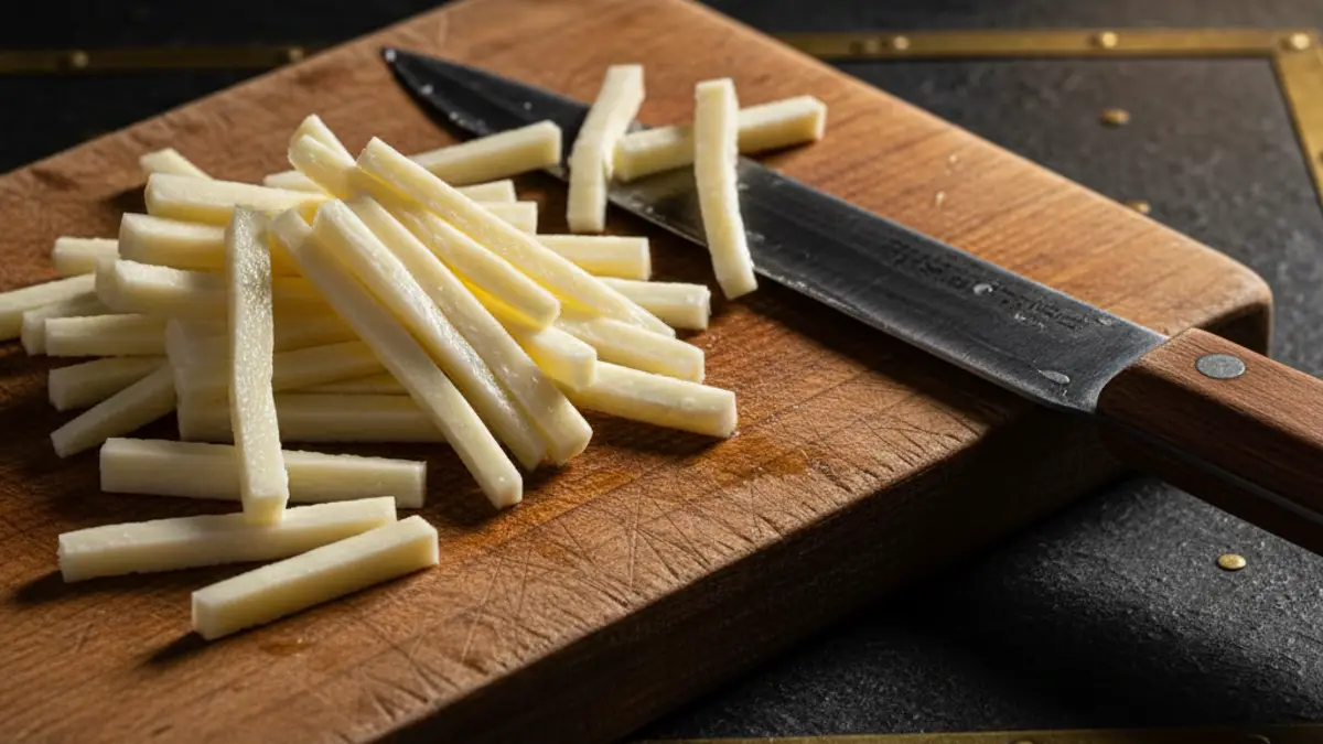 Fior di latte gesneden in dunne reepjes op een houten plank