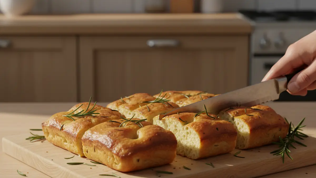 Gesneden stukken verse focaccia op een houten serveerplank